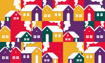 Graphic Christmas pattern. Holidays 2024 postcard. Cozy winter village.
