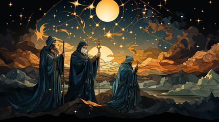  Three Kings and the guiding star against a backdrop of a clear and breathtaking night sky.three Wise Men silhouetted with room for copy.  - obrazy, fototapety, plakaty