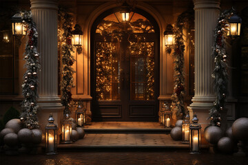 New Year home background concept in Christmas decoration.Christmas door decoration with beautiful traditional wreath. Christmas celebration, home decoration, family holiday. Copy space.