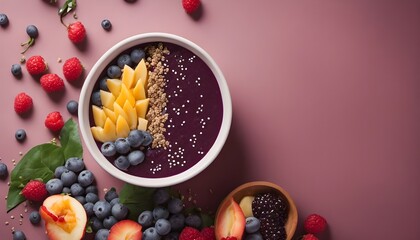 top view of acai bowl with decorations, one colored background - obrazy, fototapety, plakaty
