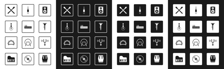 Set Stereo speaker, Sound mixer controller, Banjo, Drum sticks, and drum, Audio jack, Musical tuning fork and Tambourine icon. Vector