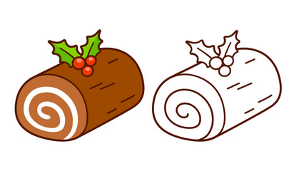 Yule log, traditional Christmas cake cartoon drawing