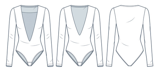 Plunging Bodysuit technical fashion illustration. Long Sleeve Bodysuits fashion flat technical drawing template, v neck, mesh, slim fit, front and back view, white, women CAD mockup set. - obrazy, fototapety, plakaty