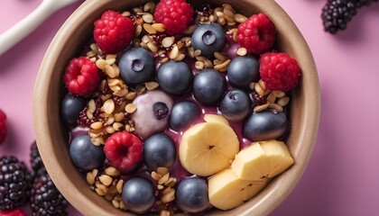 top view of acai bowl with decorations, one colored background