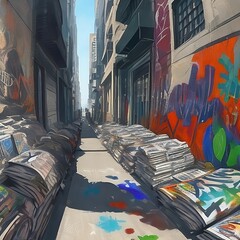 International Newspaper Carrier Day October 8. Newspapers on street. Street art painting.  - obrazy, fototapety, plakaty