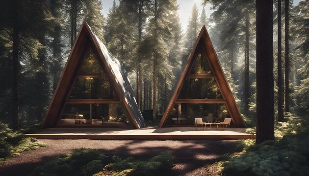 detailed image of a futuristic A-frame cabin nestled in a dense forest, showcasing its distinctive angular shape and large windows.
