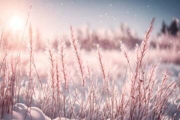 Beautiful winter nature background macro. Fluffy stems of tall grass under snow in winter in snowfall, toned pink. Fabulous fairy idyllic artistic image of winter. Very atmospheric picture.