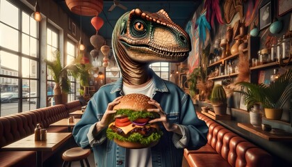 Anthropomorphic hybrid dinosaur eating burger, Creative Concept - obrazy, fototapety, plakaty