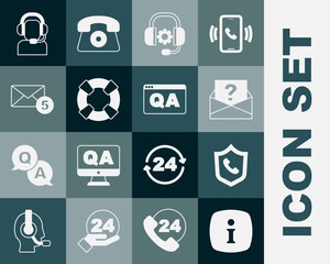 Set Information, Telephone 24 hours support, Envelope with question mark, Headphones, Lifebuoy, New, email incoming message, Man headset and Question and Answer icon. Vector