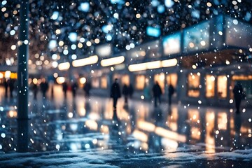 Gorgeously blurred airport terminal with Christmas lights and snowfall during a happy night or evening. Defocused Christmas abstract background.