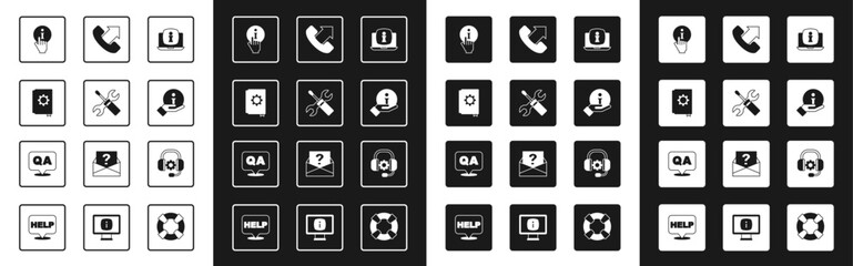 Set Laptop with information, Screwdriver and wrench spanner, User manual, Information, Telephone 24 hours support, Headphones and Question Answer icon. Vector