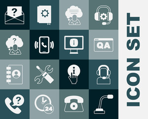 Set Microphone, Man with a headset, Question and Answer, Speech bubble chat, Telephone 24 hours support, Head question mark, Envelope and Monitor information icon. Vector