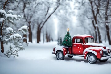 Christmas decoration with a toy truck carrying a Christmas tree and gifts in the snow in a winter park.