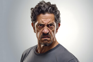 Fototapeta premium Scowl mature Latin American man, head and shoulders portrait on grey background. Neural network generated photorealistic image. Not based on any actual person or scene.