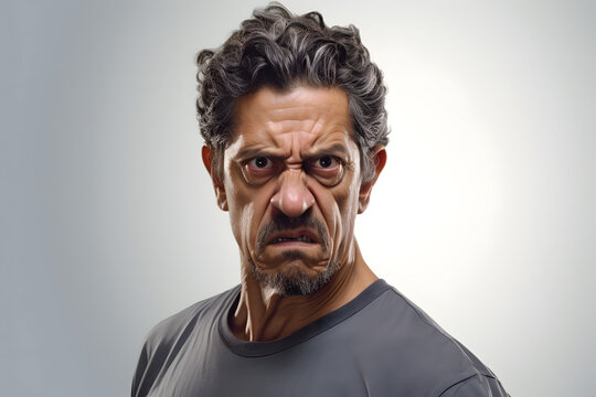 Scowl mature Latin American man, head and shoulders portrait on grey background. Neural network generated photorealistic image. Not based on any actual person or scene.