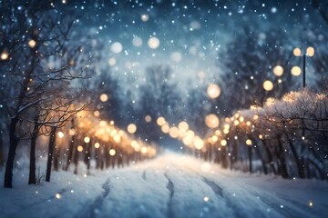 Fototapeta na wymiar Gorgeously blurred countryside lane with Christmas lights and snowfall during a happy night or evening. Defocused Christmas abstract background.
