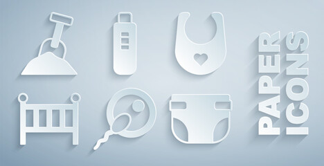Set Sperm, Baby bib, crib cradle bed, diaper, Pregnancy test and Sandbox with sand and shovel icon. Vector