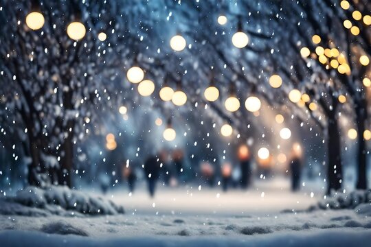 Gorgeously blurred city park with Christmas lights and snowfall during a happy night or evening. Defocused Christmas abstract background. © Muhammad