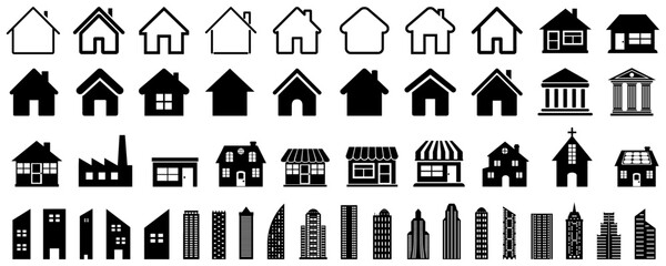 House icons, collection home sign, big set of buildings, flat style houses in outline and line design, real estate - stock vector - obrazy, fototapety, plakaty