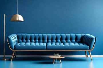Blue sofa or couch with side tables on a blue background.