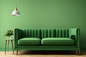 Green sofa or couch with side tables on a green background.