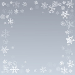 Christmas snowflakes frame background. Winter silver snow falling minimal decoration, greeting card. Noel subtle backdrop. Vector illustration