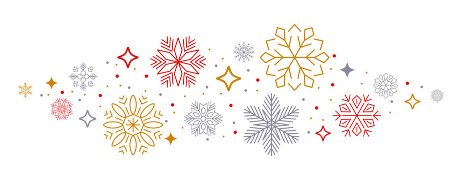 Wave snowflakes background isolated, group snowflakes with stars banner, colored Christmas border - stock vector