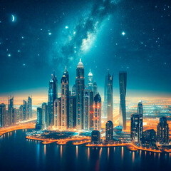 Dubai city skyline at night 4 - obrazy, fototapety, plakaty