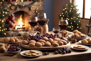 Fototapeta premium Mesa navideña, con galletas y pan, exquisitos bocadillos, para la cena de navidad, con copas de vina, ambiente agradable, calida, romantico 