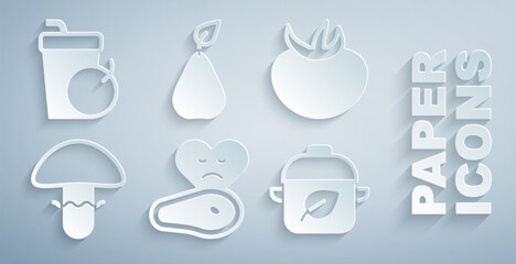 Set Steak meat, Tomato, Mushroom, Vegan food diet, Pear and Fresh smoothie icon. Vector