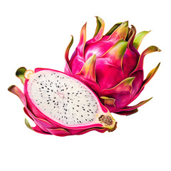 Illustration of a whole and sliced dragonfruit (Pitaya) with a vibrant leaf, on a transparent background, depicting freshness and health.