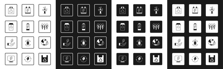 Set Wind turbine, Eco nature leaf battery, Recycle, Shopping bag with recycle, Tree, Calendar autumn leaves, Earth globe and and Leaf hand icon. Vector