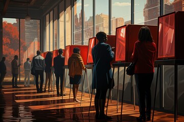Straight on row of voting booths at polling station during American election. US flag in background. - obrazy, fototapety, plakaty