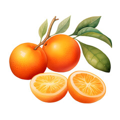 Illustration of a whole and sliced kumquat with a vibrant leaf, on a transparent background, depicting freshness and health.