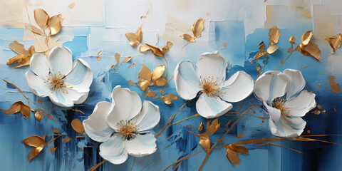 Abstract oil painting Blue petals, flowers with golden lines, using a palette knife