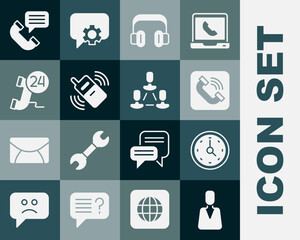 Set Employee, Clock, Telephone handset, Headphones, Mobile, 24 hours support, conversation and hierarchy icon. Vector