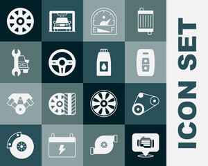 Set Check engine, Timing belt kit, Car key with remote, Motor gas gauge, Steering wheel, service, Alloy for car and Canister motor machine oil icon. Vector