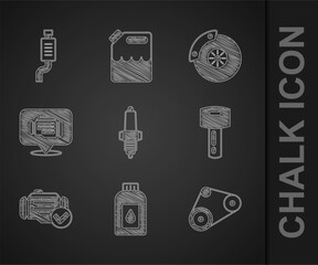 Set Car spark plug, Canister for motor machine oil, Timing belt kit, key with remote, Check engine, brake disk caliper and muffler icon. Vector