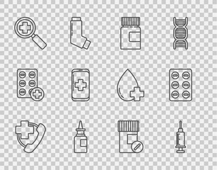 Set line Emergency phone call to hospital, Syringe, Medicine bottle, Bottle nasal spray, Magnifying glass for search medical, mobile, and pills and Pills blister pack icon. Vector