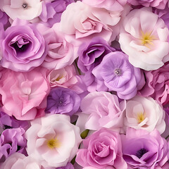 Obraz premium eustoma as a background, white, lilac and pink flowers. floral backdrop. bouquet, top view.