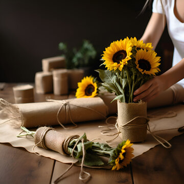 Female florist making bouquet of sunflowers on wooden table