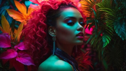 Obraz na płótnie Canvas Beautiful supermodel in vibrant and surreal jungle where plants glow with neon hues. The juxtaposition of natural forms and artificial colors in this electrifying and fantastical environment. 