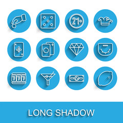 Set line Slot machine with lucky sevens, Martini glass, Hand holding casino chips, Stacks paper money cash, Casino slot lemon, Deck of playing cards, Poker table and Diamond icon. Vector