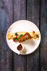 top view of a piece of biscuit on a plate in a restaurant