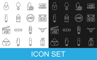 Set line Personal lubricant, Woman panties, Sex shop, Condom, safe sex, Dildo vibrator, and Plus 18 movie icon. Vector