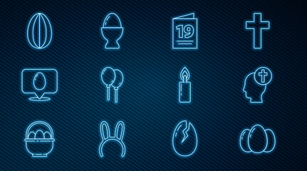 Set line Easter eggs, Human head with christian cross, Greeting card Happy, Balloons ribbon, Speech bubble easter, Burning candle and stand icon. Vector