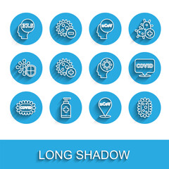 Set line Corona virus covid-19, Bottle of liquid antibacterial soap, High human body temperature, 2019-nCoV location, Virus, Positive, and Human and icon. Vector