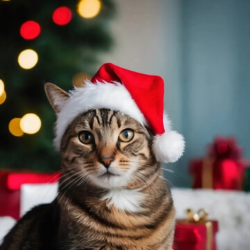 cat with christmas hat - cute cat mother celebrating christmas