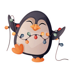 Сute merry christmas penguin holding a garland with lights. Happy penguins mascot celebrate new year. Сharacter bird for xmas greeting gift tag, card, postcard. Winter is coming, warm wishes.