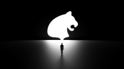 3D Silhouette of a Man Walking Into a Tiger Shaped Hole in the Wall